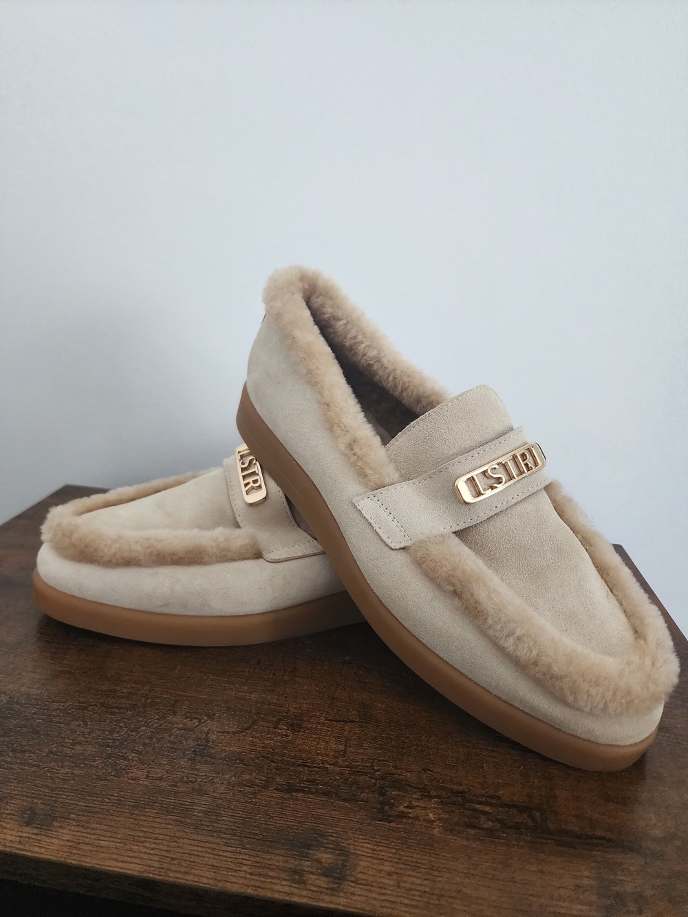 L'estrosa Italy Beige Suede Shearling Fur Lined Loafers Shoes Women's Size EU 38
